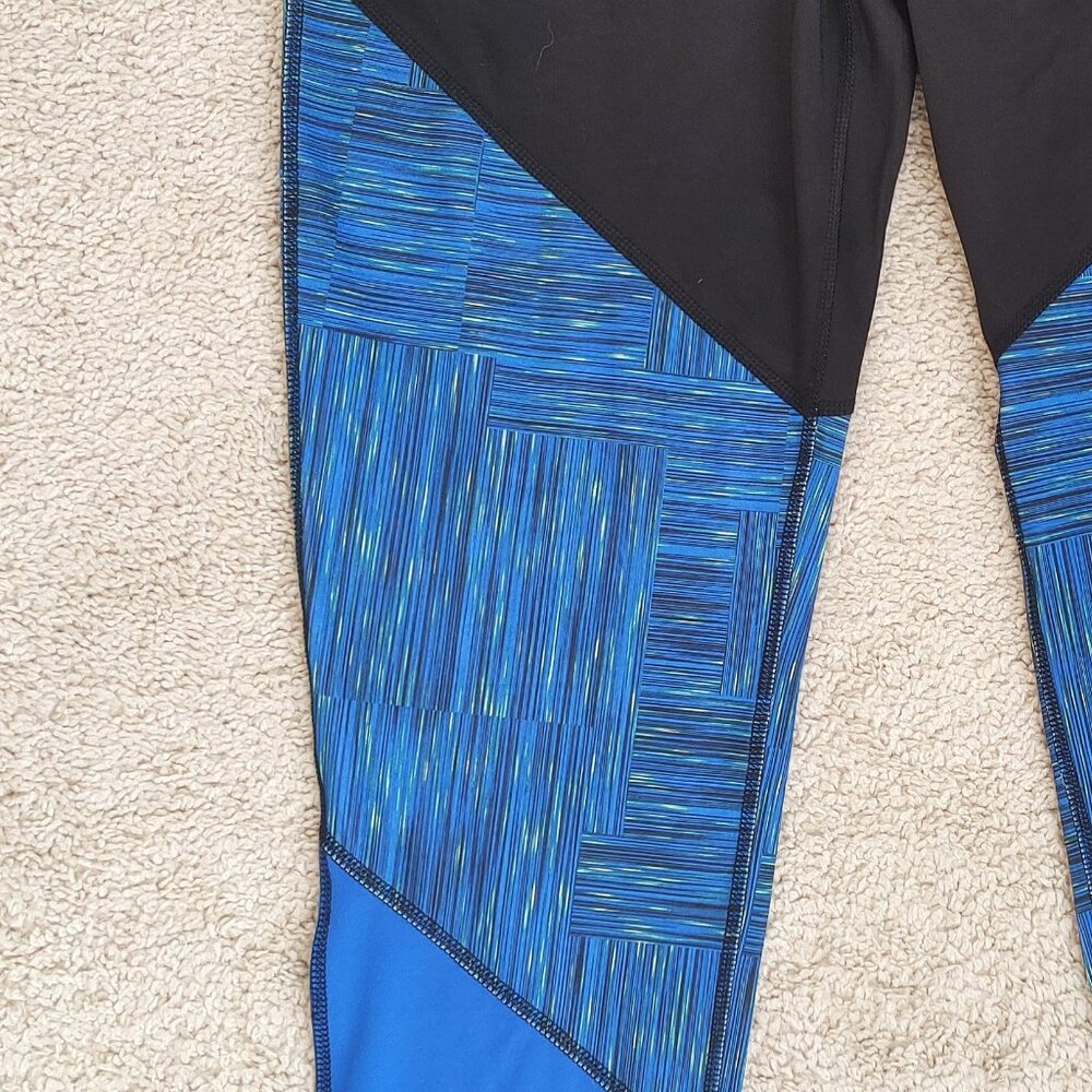 RAINBEAU Black Blue Geometric Full Length Athletic Leggings - Size Large - Picture 3 of 4